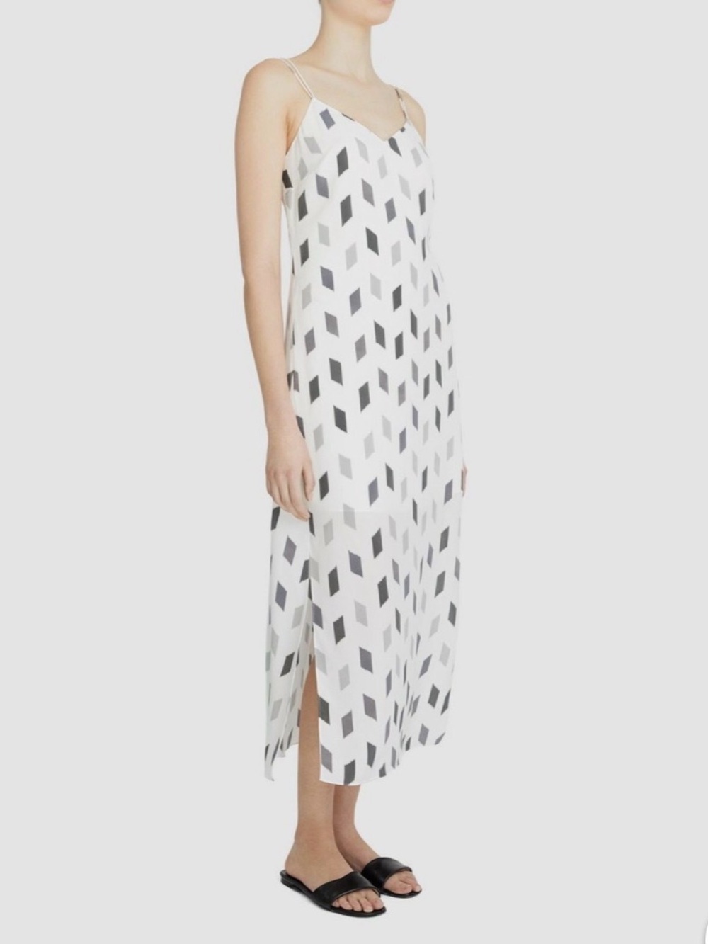 NWT Theory White Slip Midi Dress with Gray Geometric Print